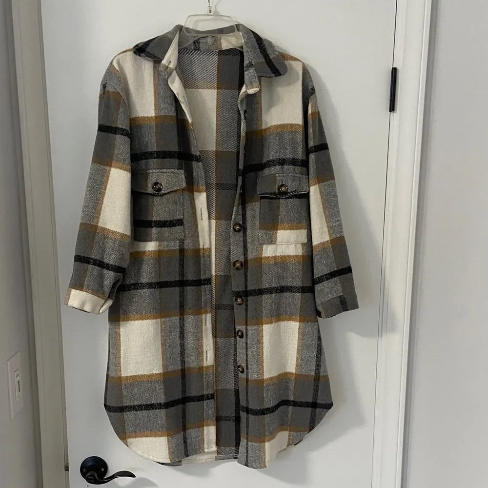 Plaid Button-Up Long Shacket - Picture 1 of 9